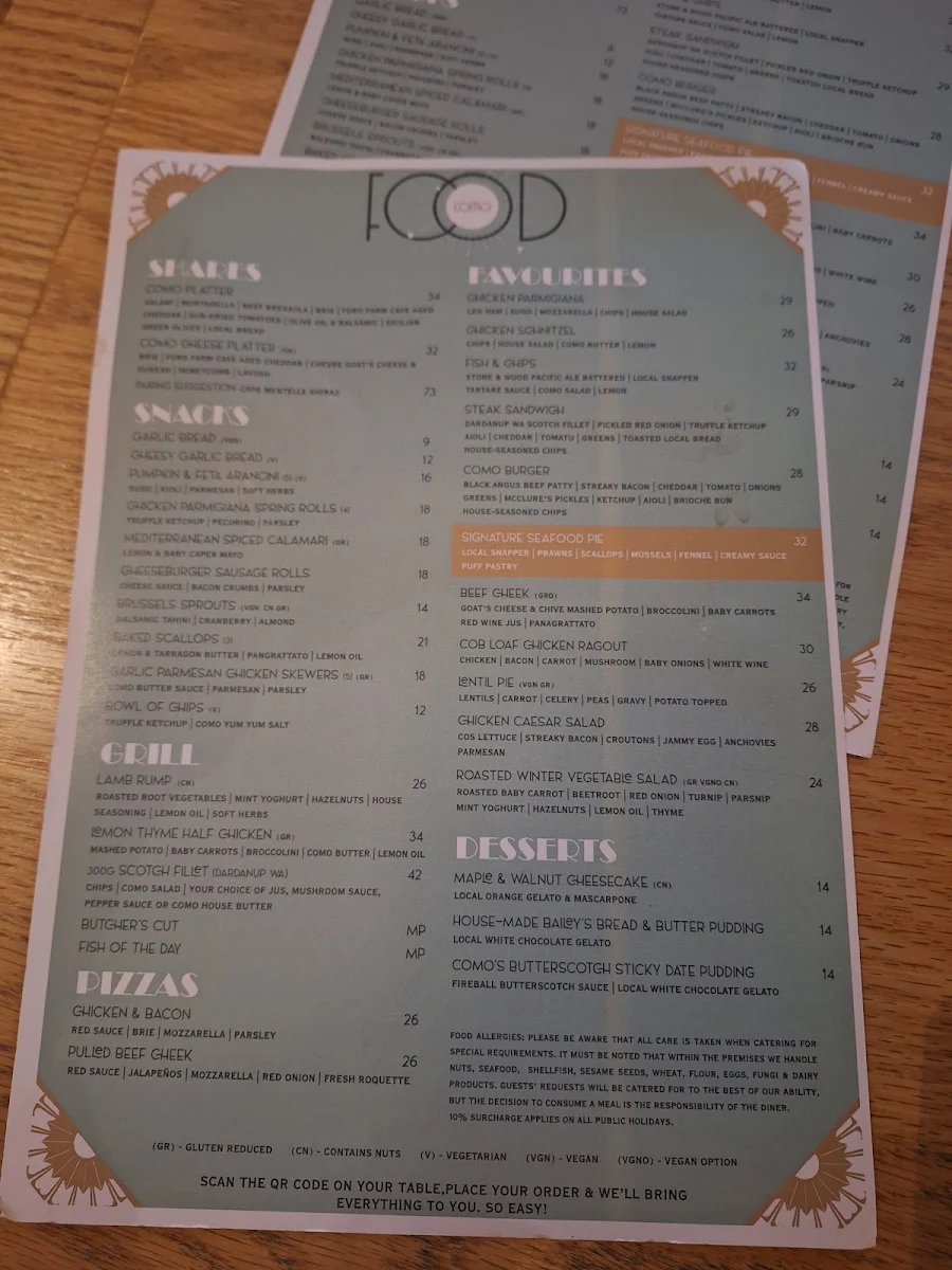 Menu, Como Hotel