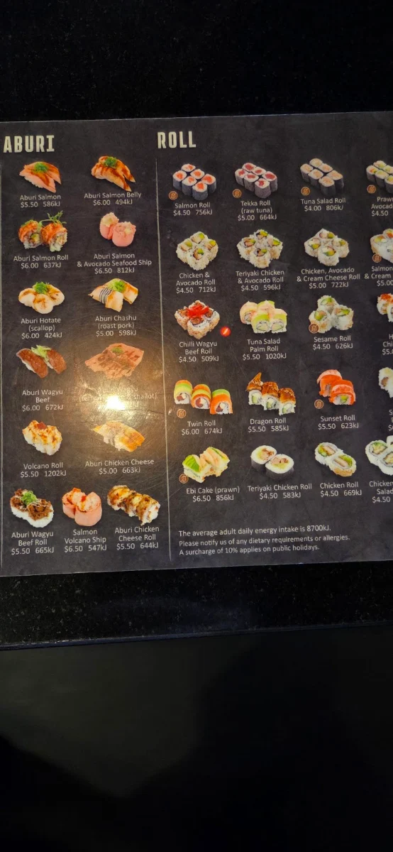 Menu, Sushi Train Mango Hill