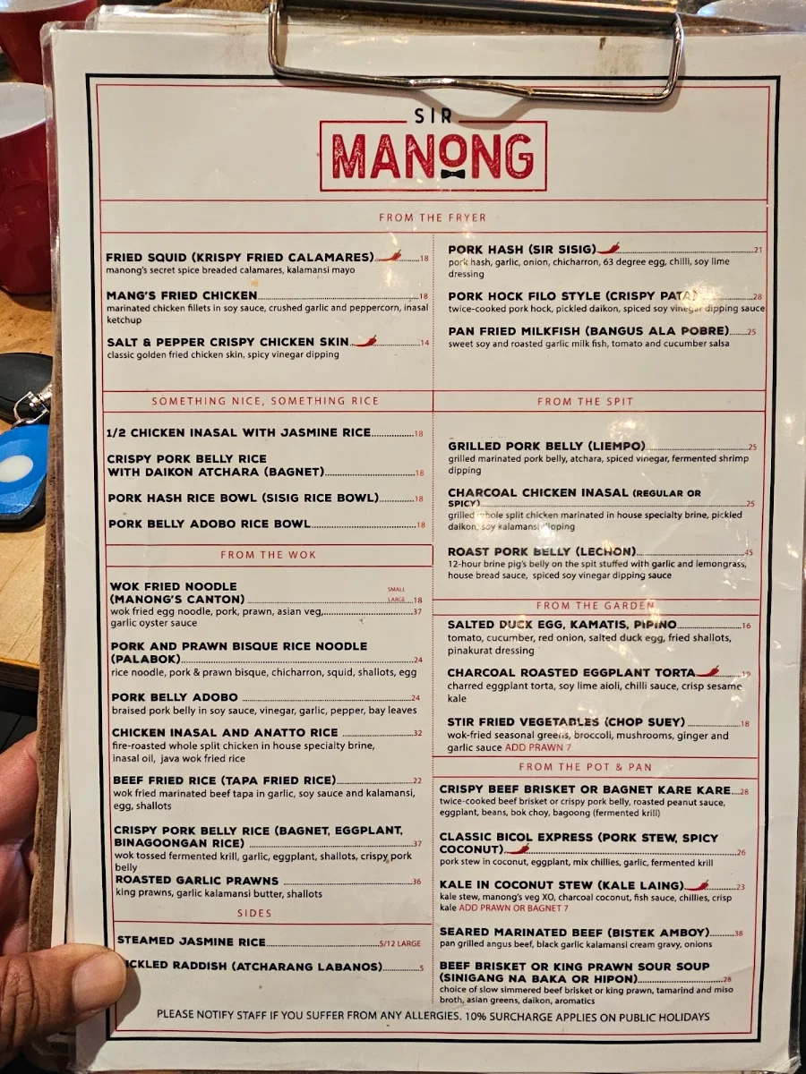 Menu, Sir Manong Eastern Creek