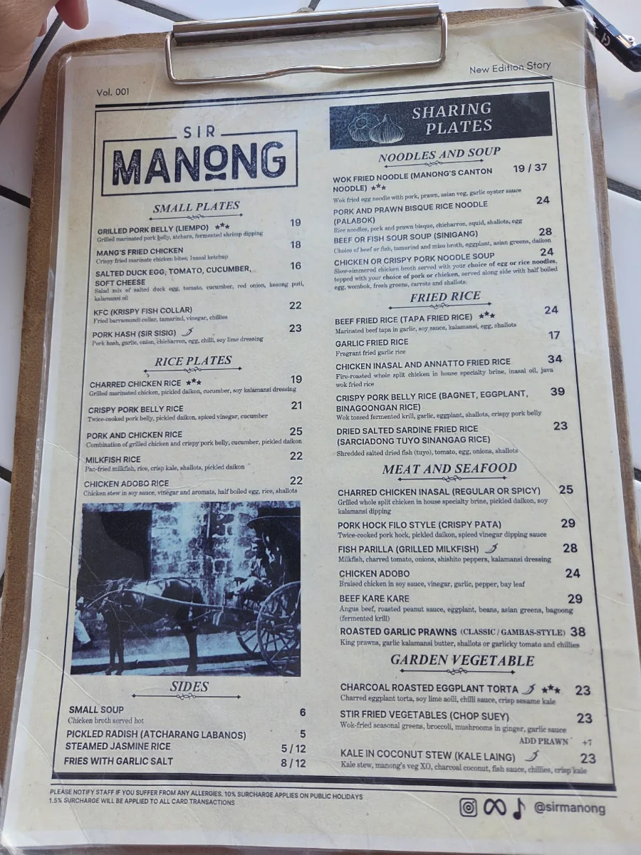 Menu, Sir Manong Eastern Creek