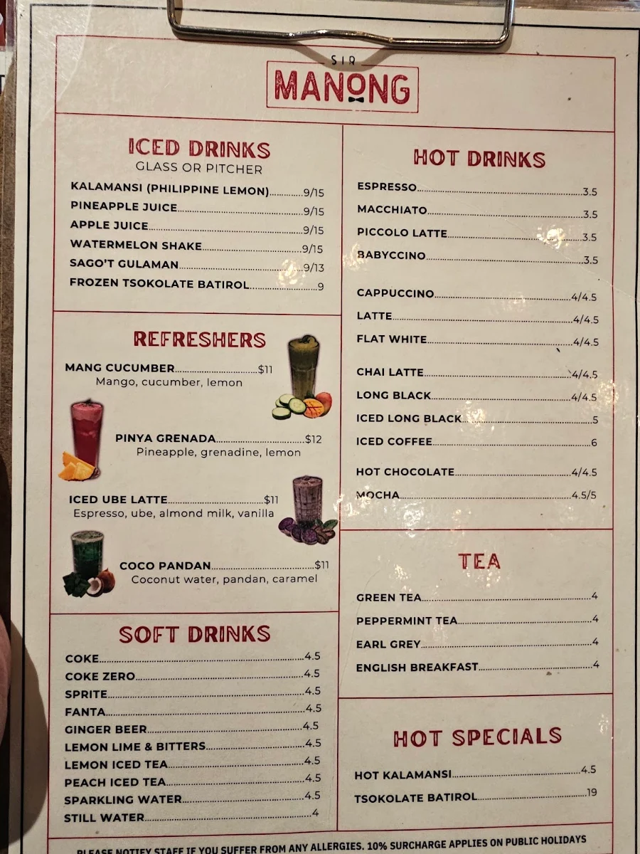 Menu, Sir Manong Eastern Creek