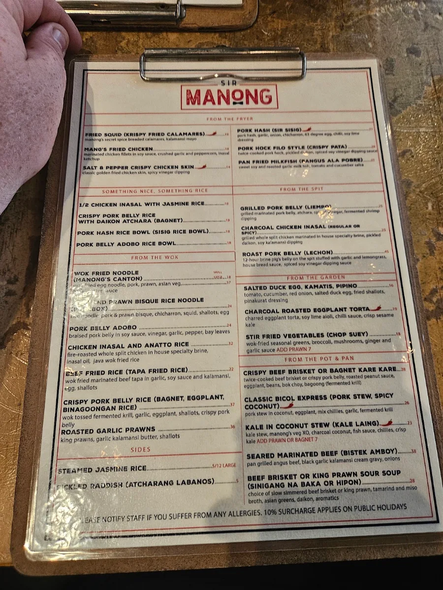Menu, Sir Manong Eastern Creek