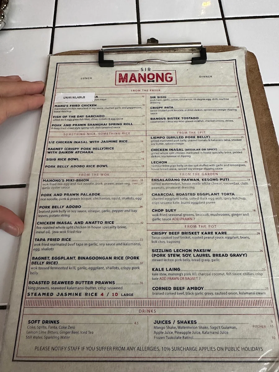 Menu, Sir Manong Eastern Creek
