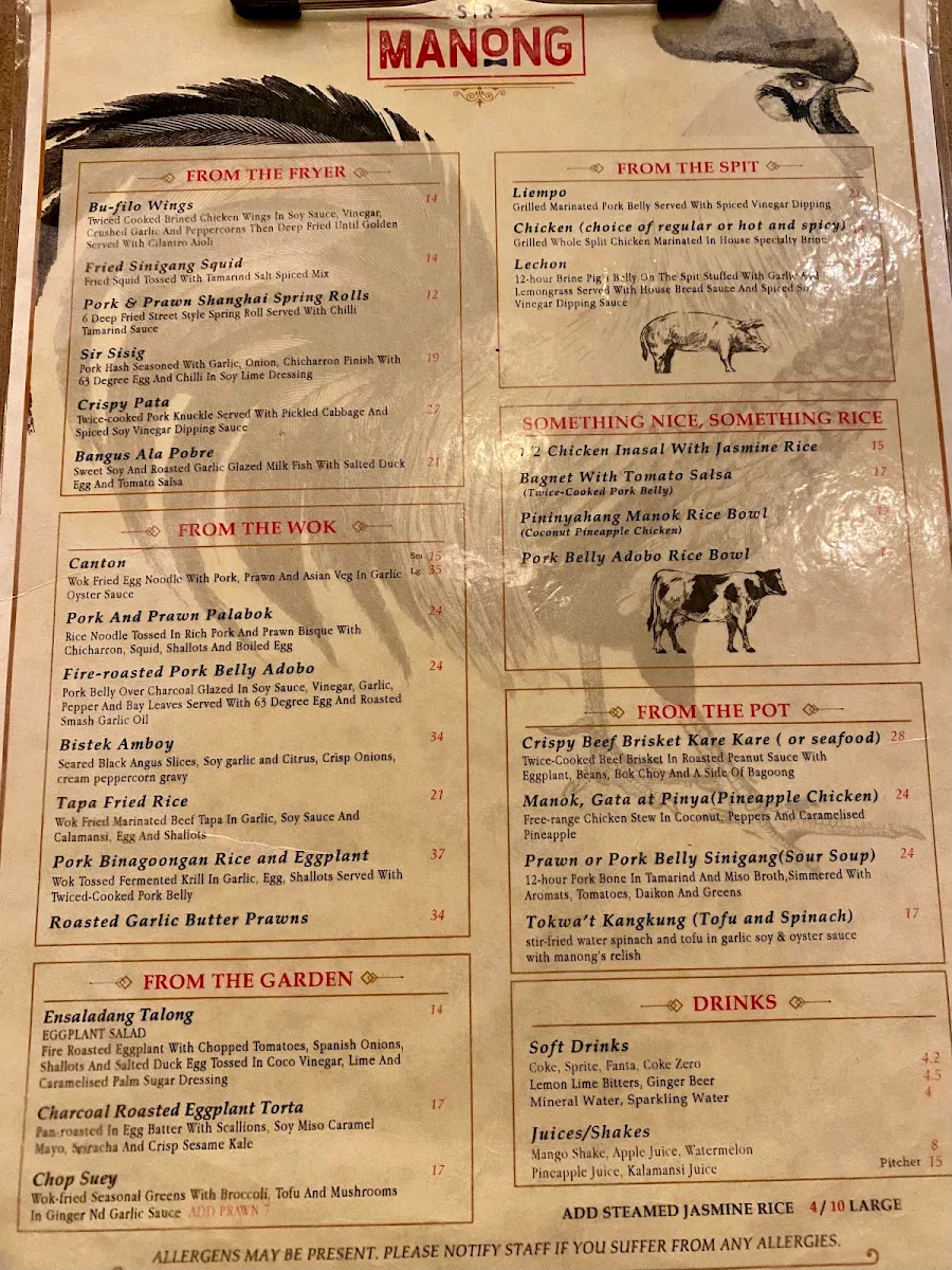 Menu, Sir Manong Eastern Creek