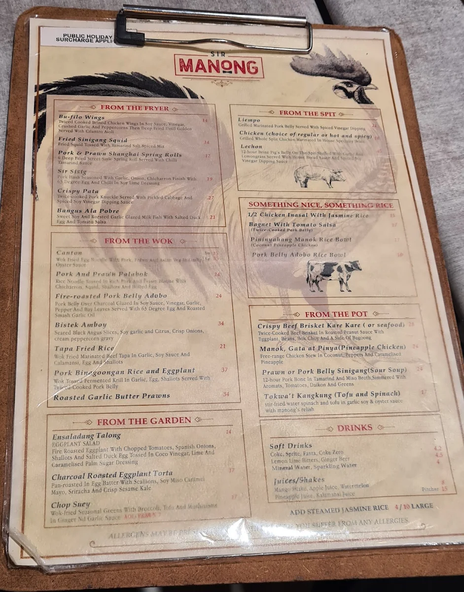 Menu, Sir Manong Eastern Creek