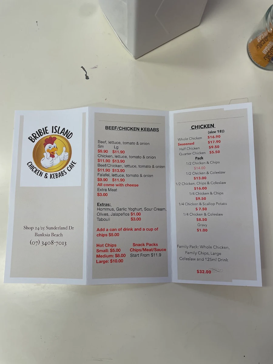 Menu, Bribie Island Chicken & Kebabs Cafe