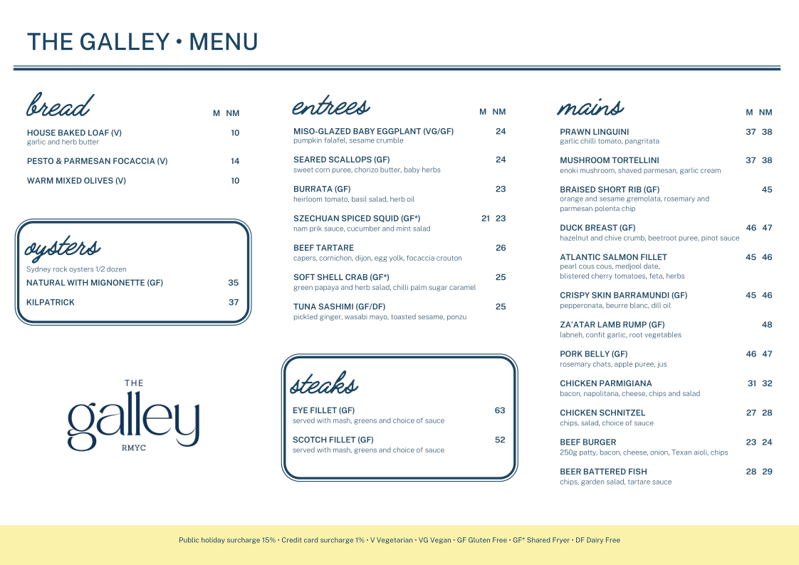 Menu, The Galley RMYC