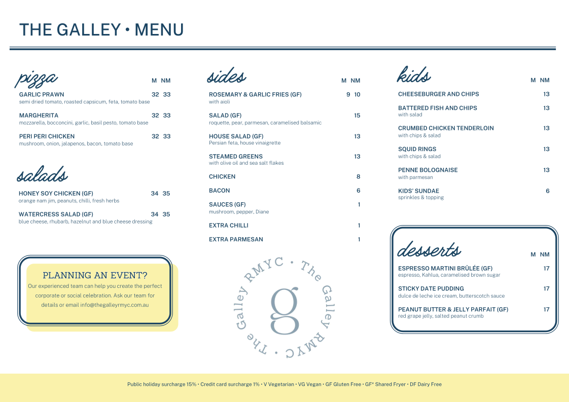 Menu, The Galley RMYC