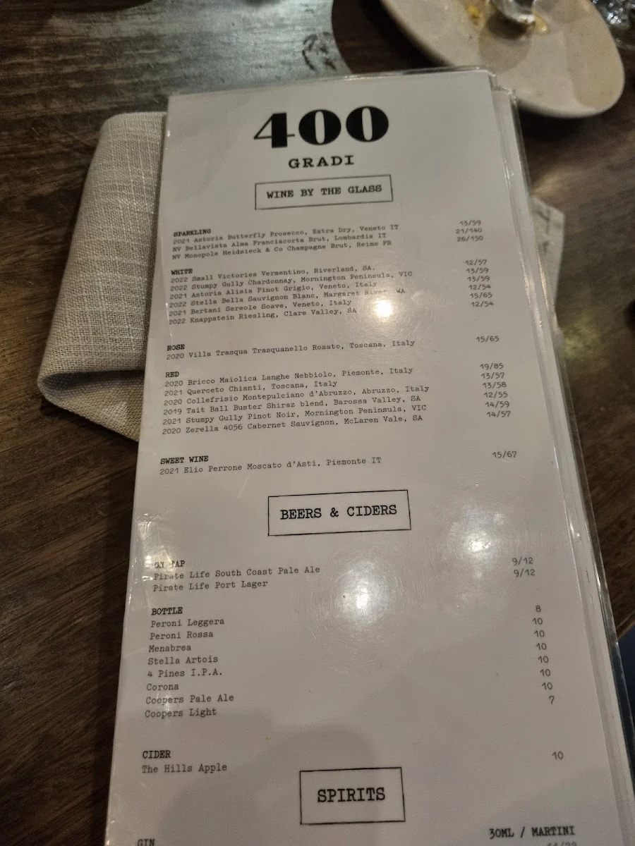 Menu, 400 Gradi - Adelaide