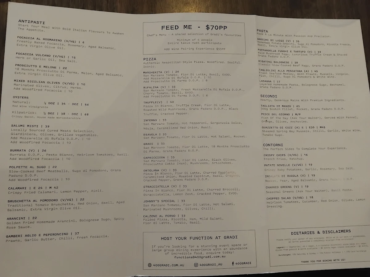 Menu, 400 Gradi - Adelaide