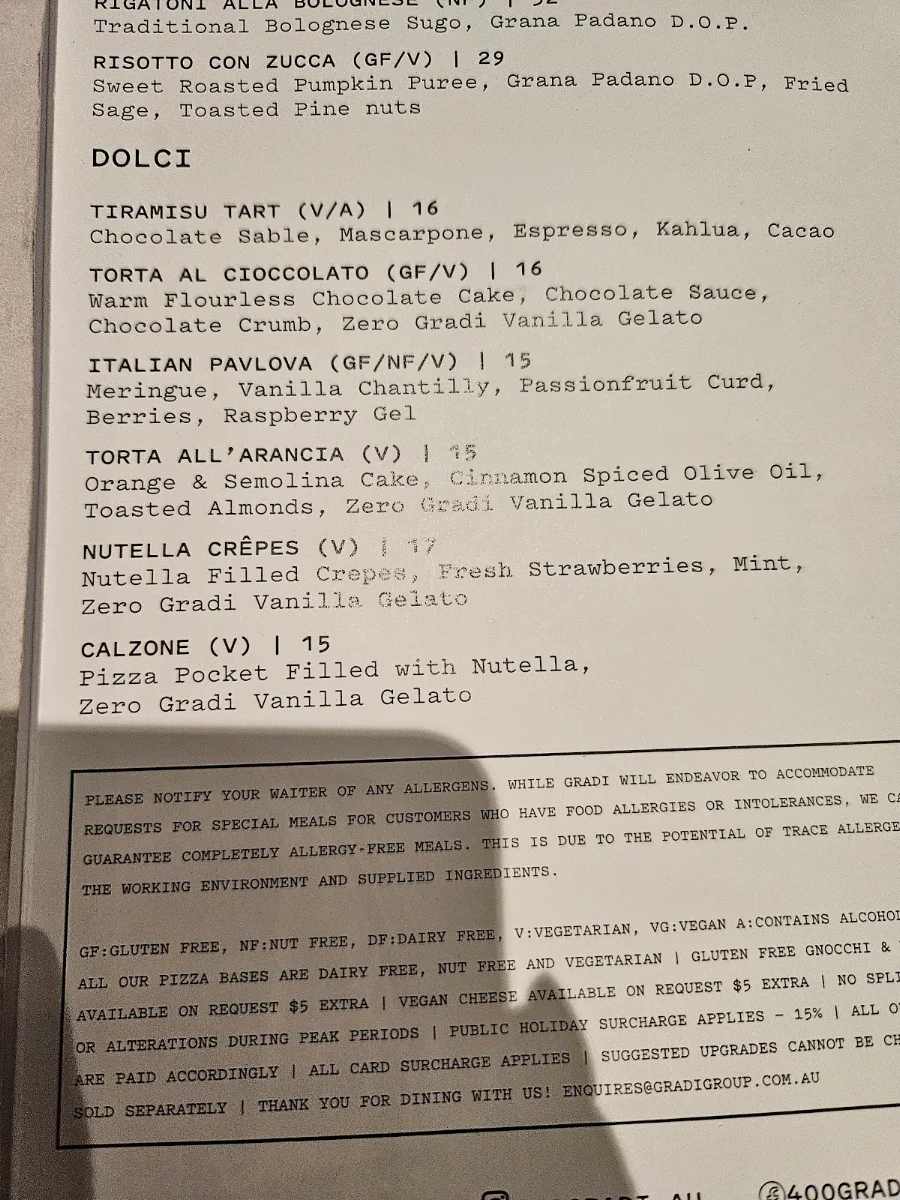 Menu, 400 Gradi - Adelaide