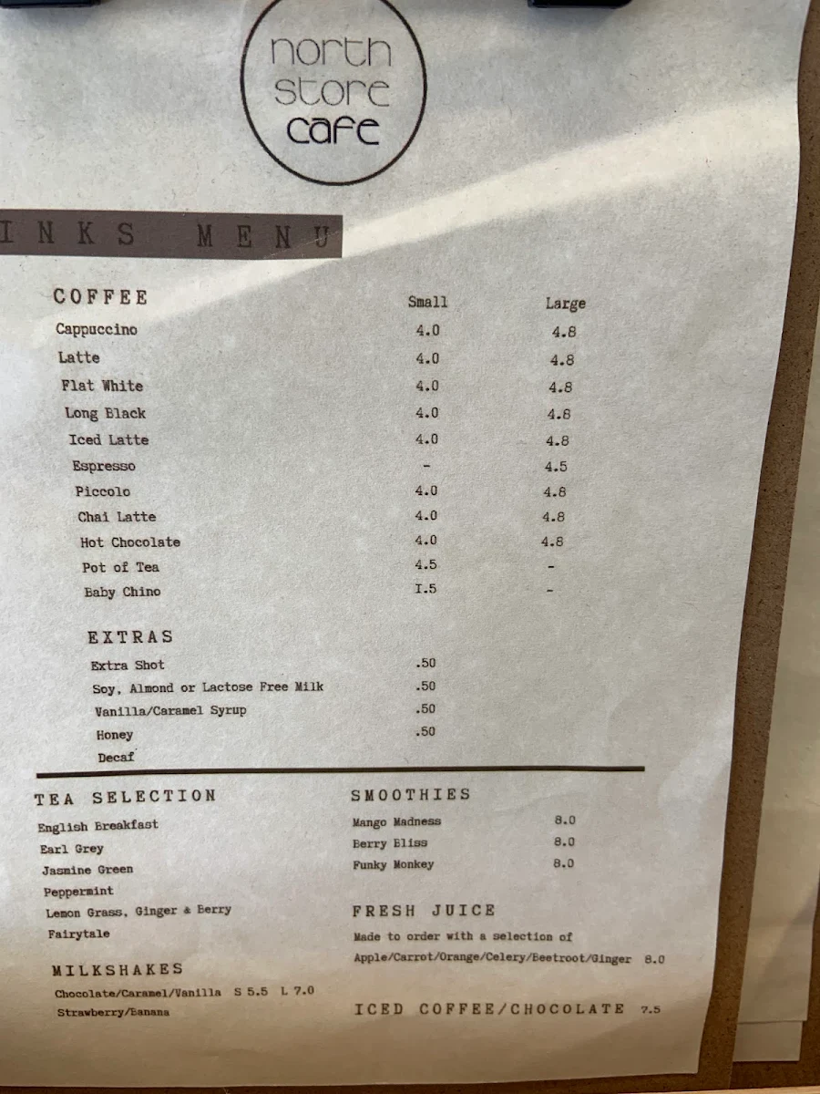 Menu, North Store Cafe Wonthaggi