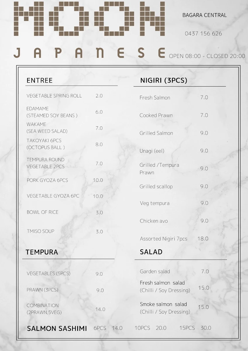 Menu, Moon Japanese Restaurant Bargara