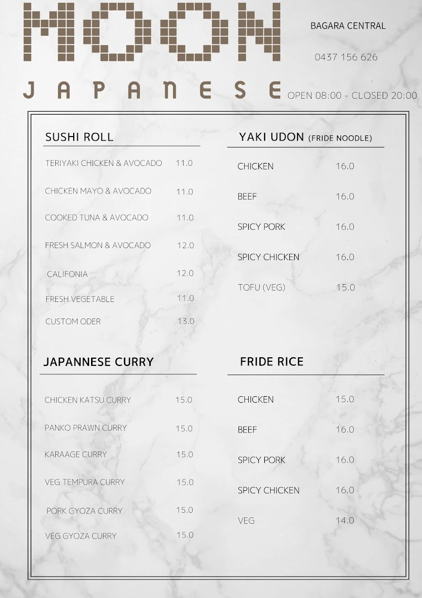 Menu, Moon Japanese Restaurant Bargara