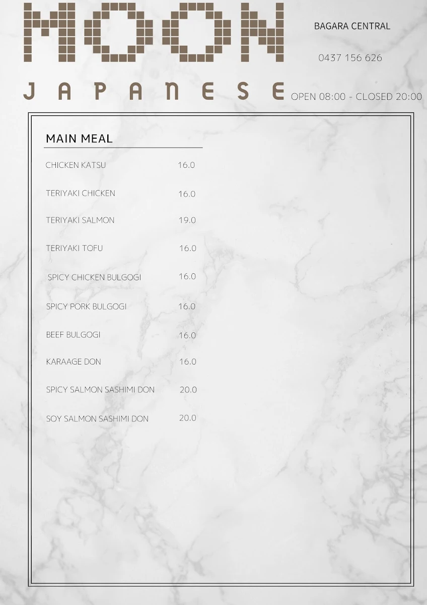 Menu, Moon Japanese Restaurant Bargara