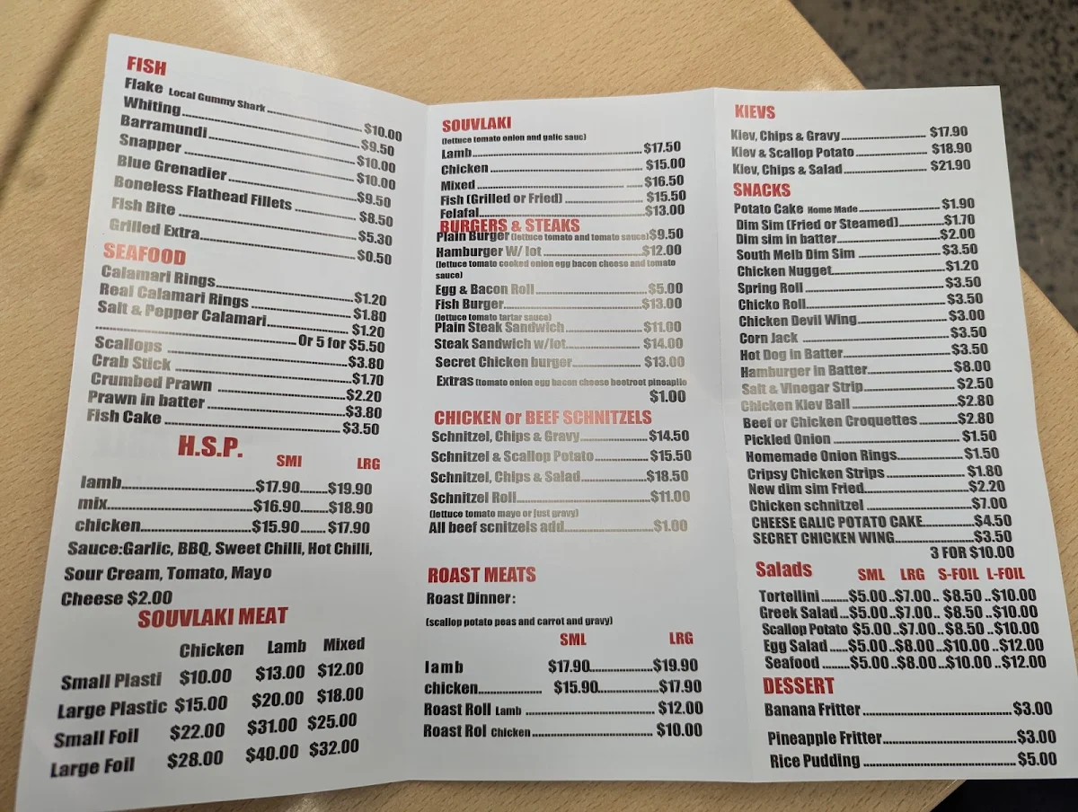 Menu, Chris' Fine Take Away
