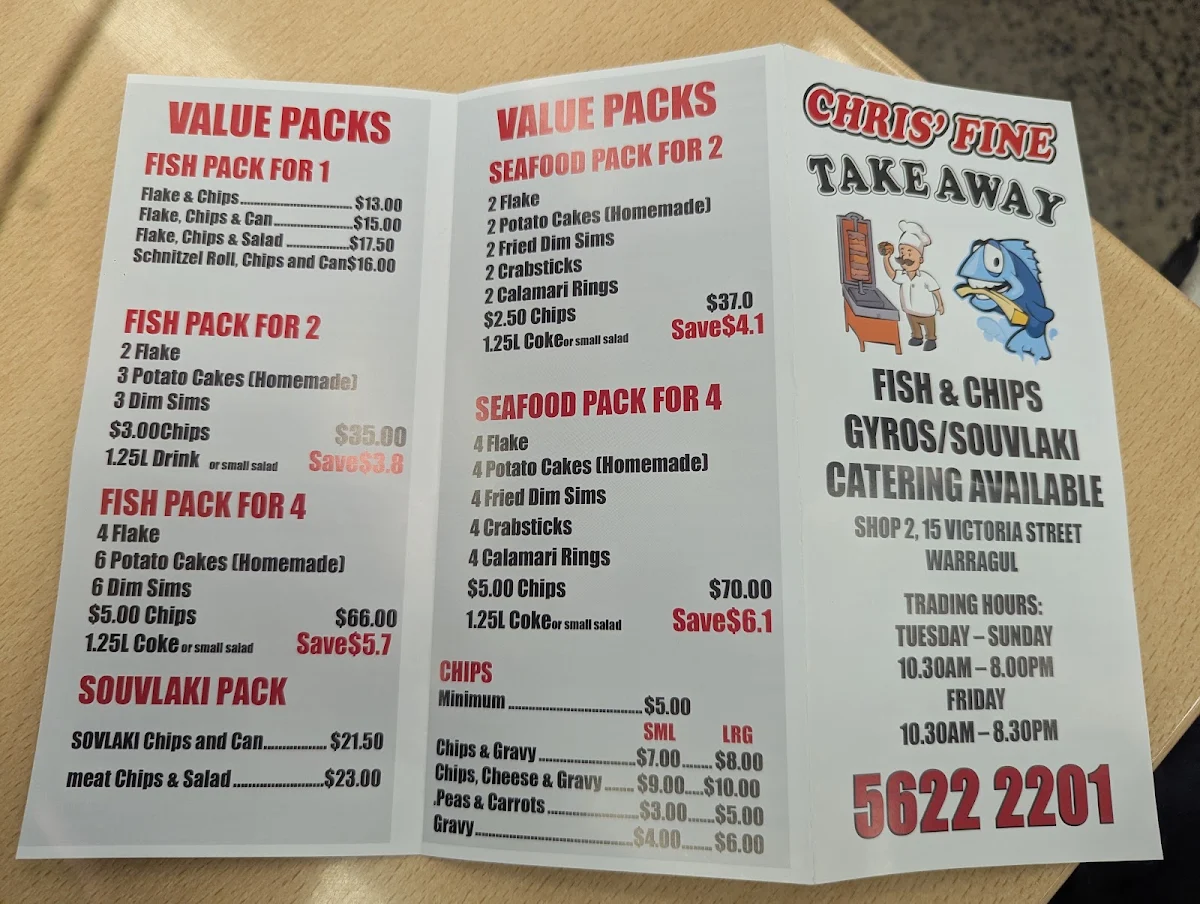 Menu, Chris' Fine Take Away