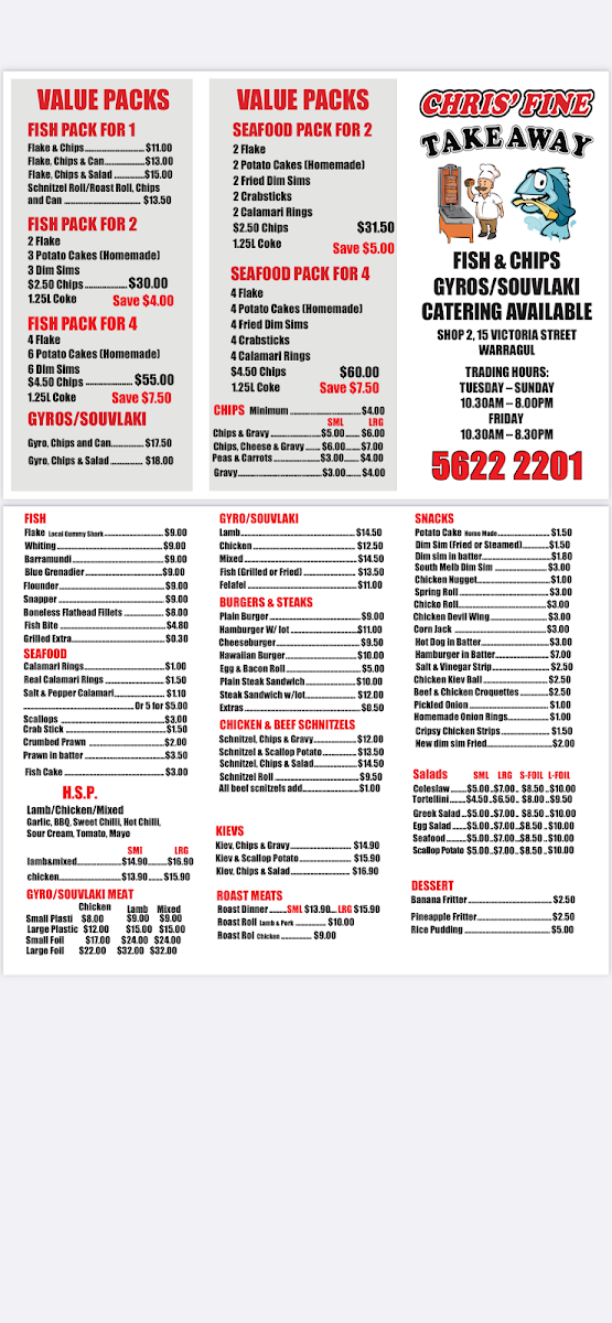 Menu, Chris' Fine Take Away