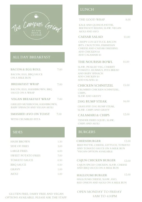 Menu, The Campus Grind Lismore