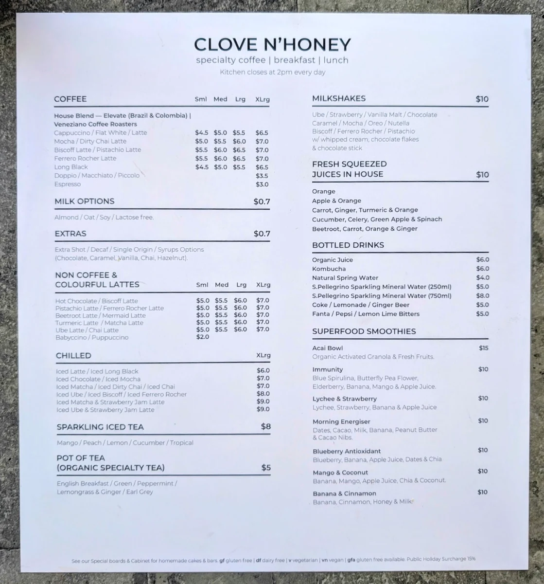 Menu, CLOVE N HONEY _ Ormeau