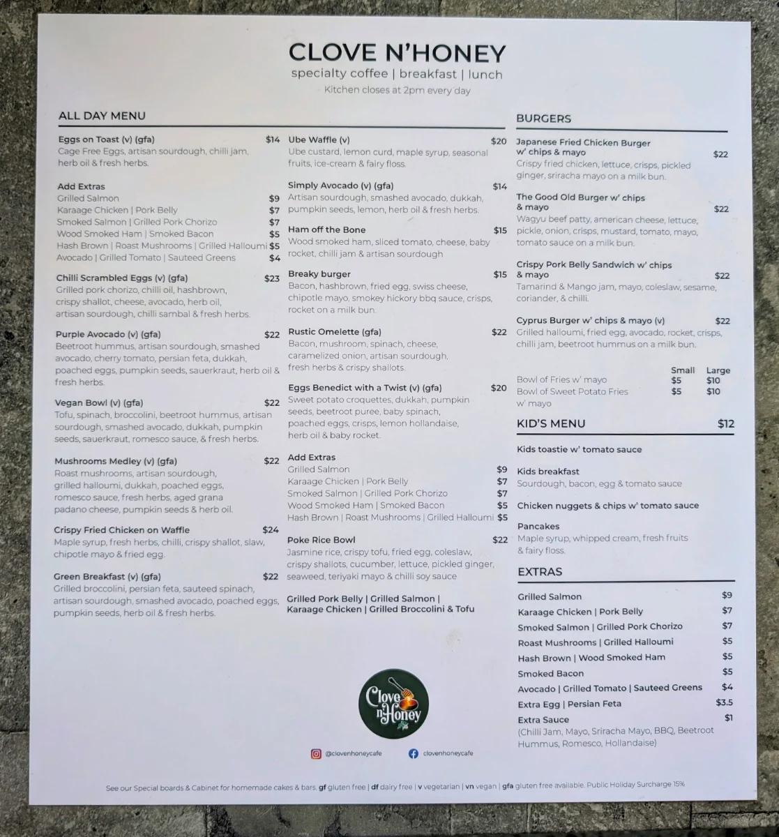 Menu, CLOVE N HONEY _ Ormeau