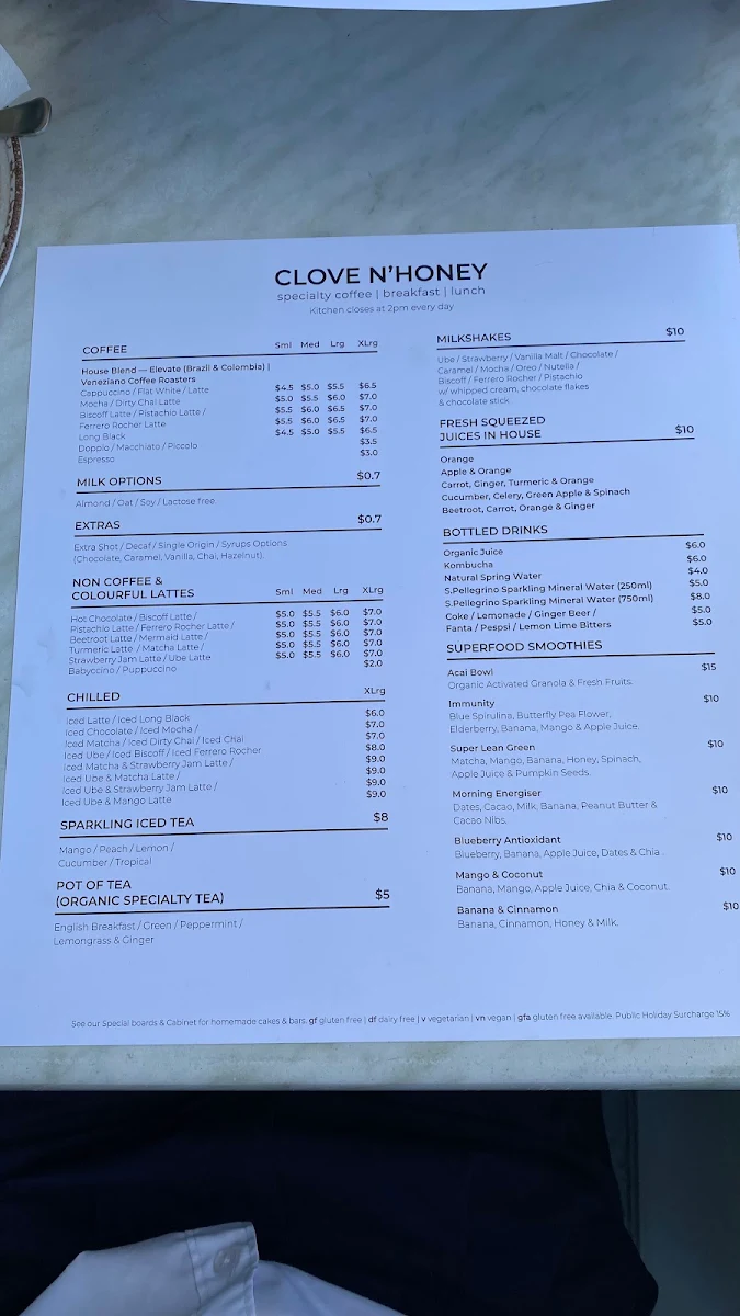 Menu, CLOVE N HONEY _ Ormeau