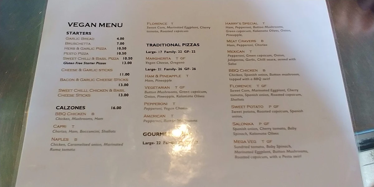 Menu, Harry's Gourmet Pizza
