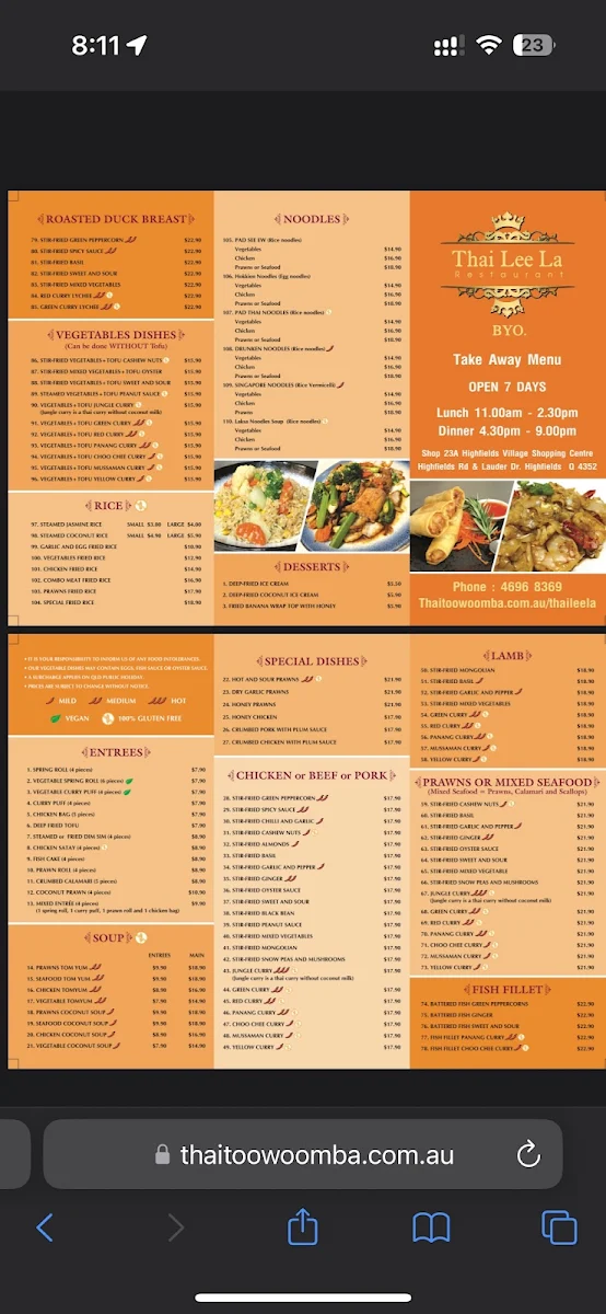 Menu, Thai Lee La Highfields