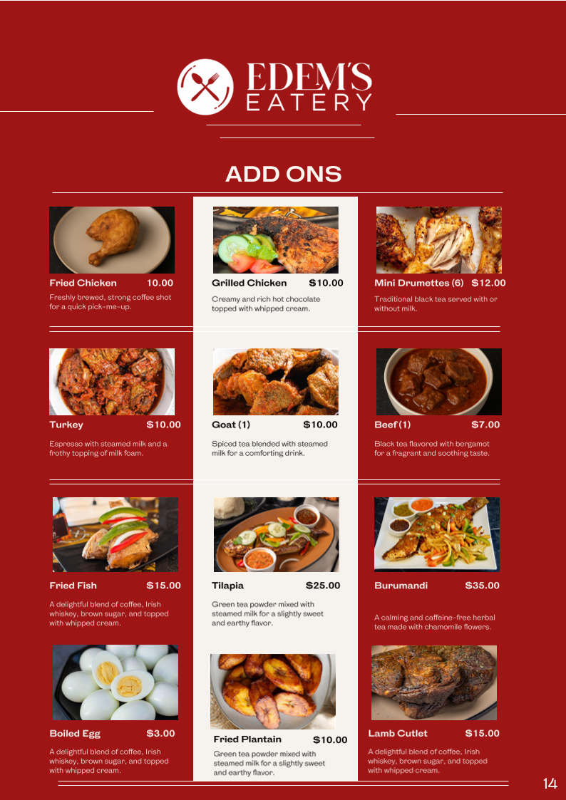 Menu, Edem's Eatery