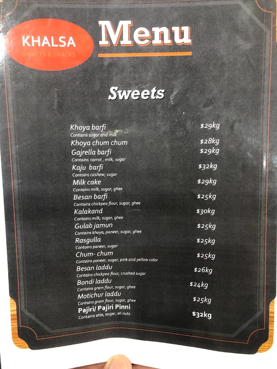 Menu, Khalsa Sweets And Snacks