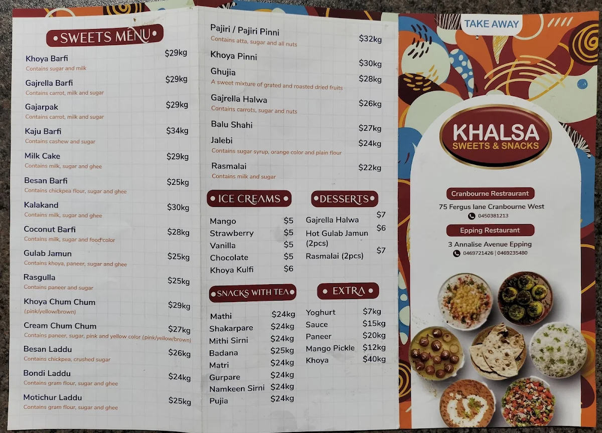 Menu, Khalsa Sweets And Snacks