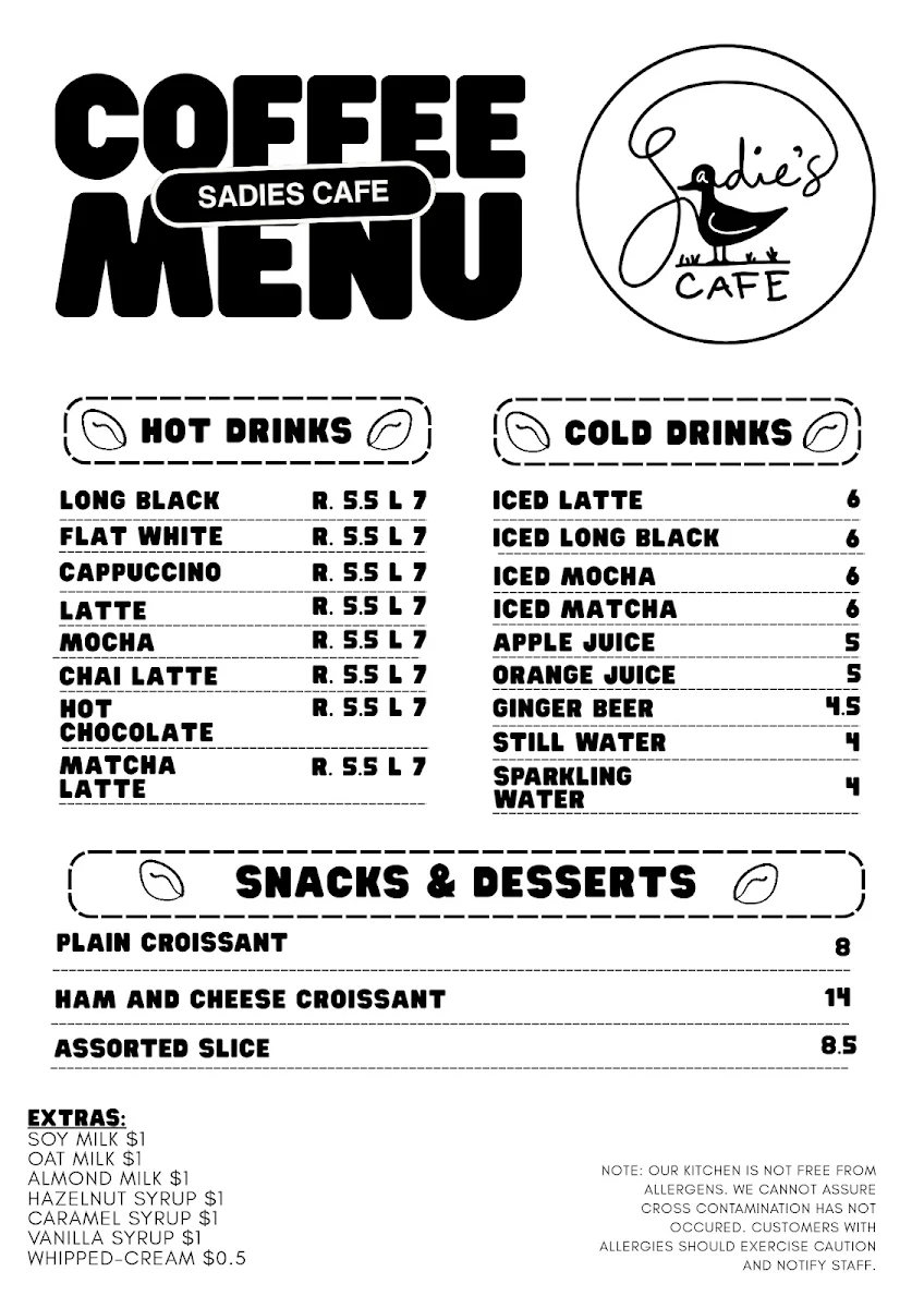 Menu, Sadie's Cafe
