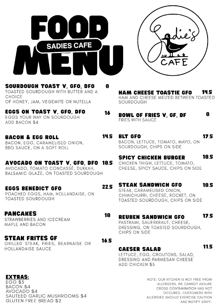 Menu, Sadie's Cafe