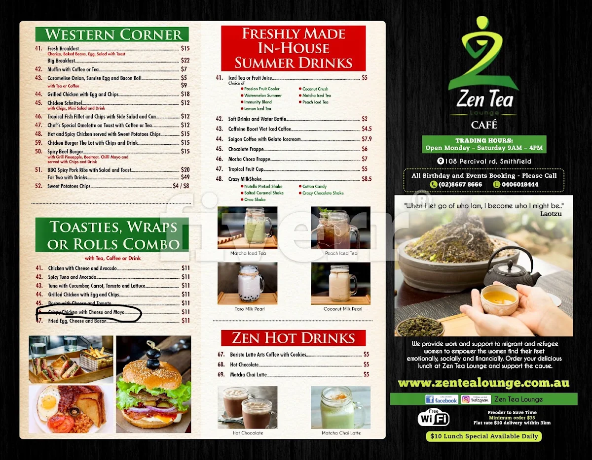 Menu, ZenTea Lounge