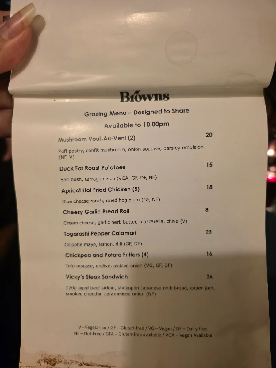 Menu, Vicky Browns Bar