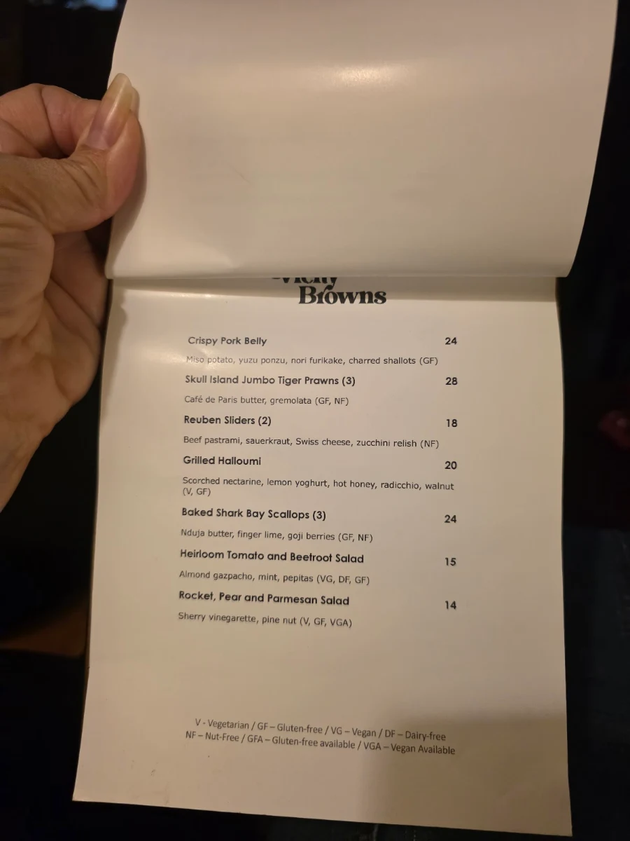 Menu, Vicky Browns Bar