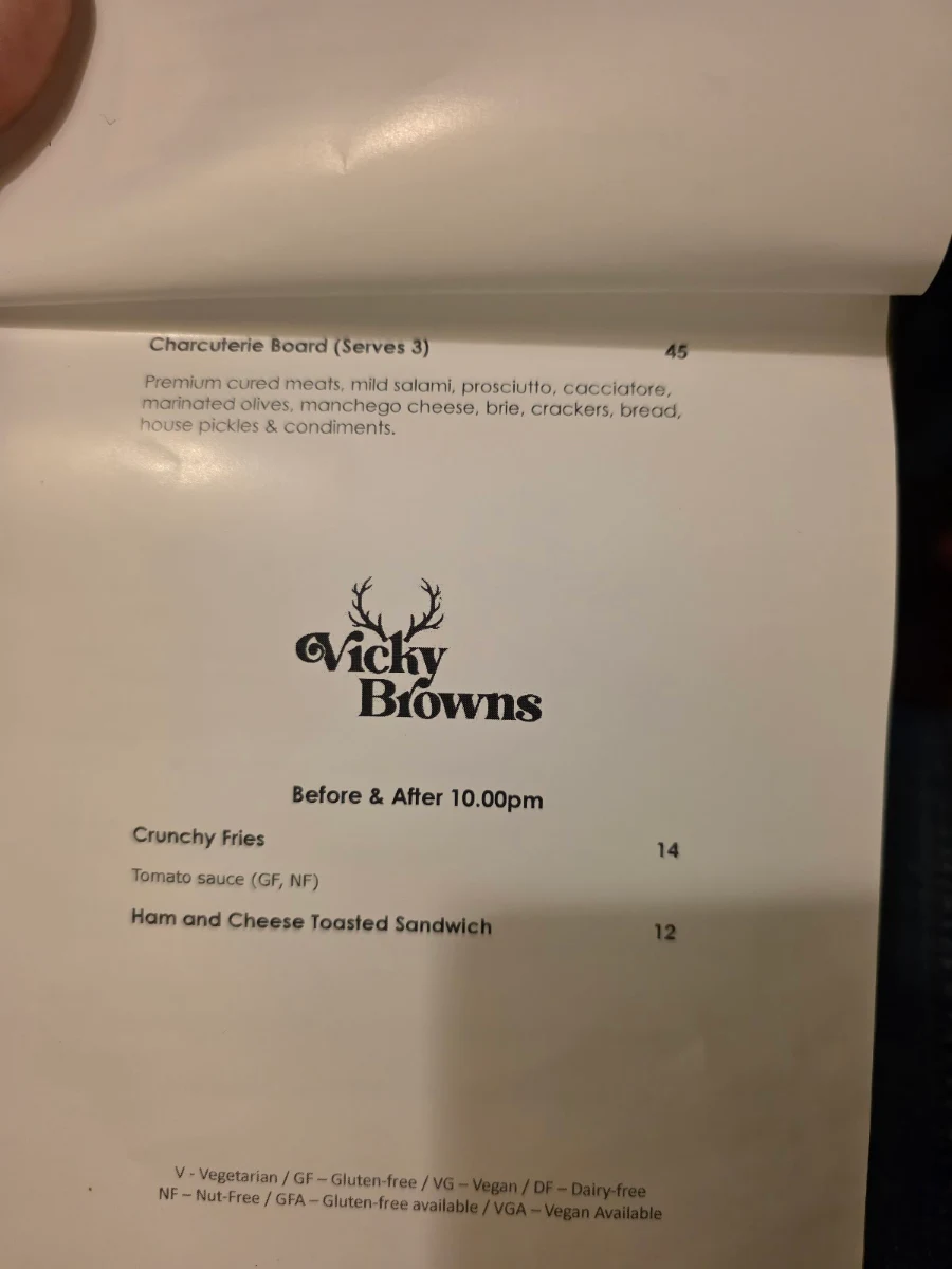 Menu, Vicky Browns Bar