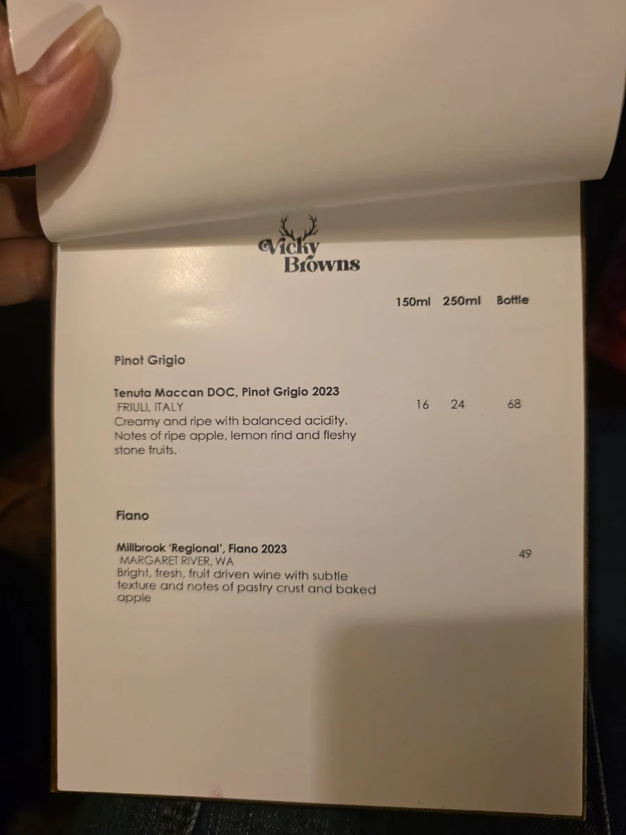 Menu, Vicky Browns Bar