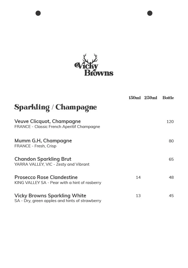 Menu, Vicky Browns Bar