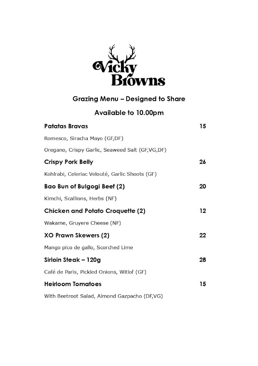 Menu, Vicky Browns Bar