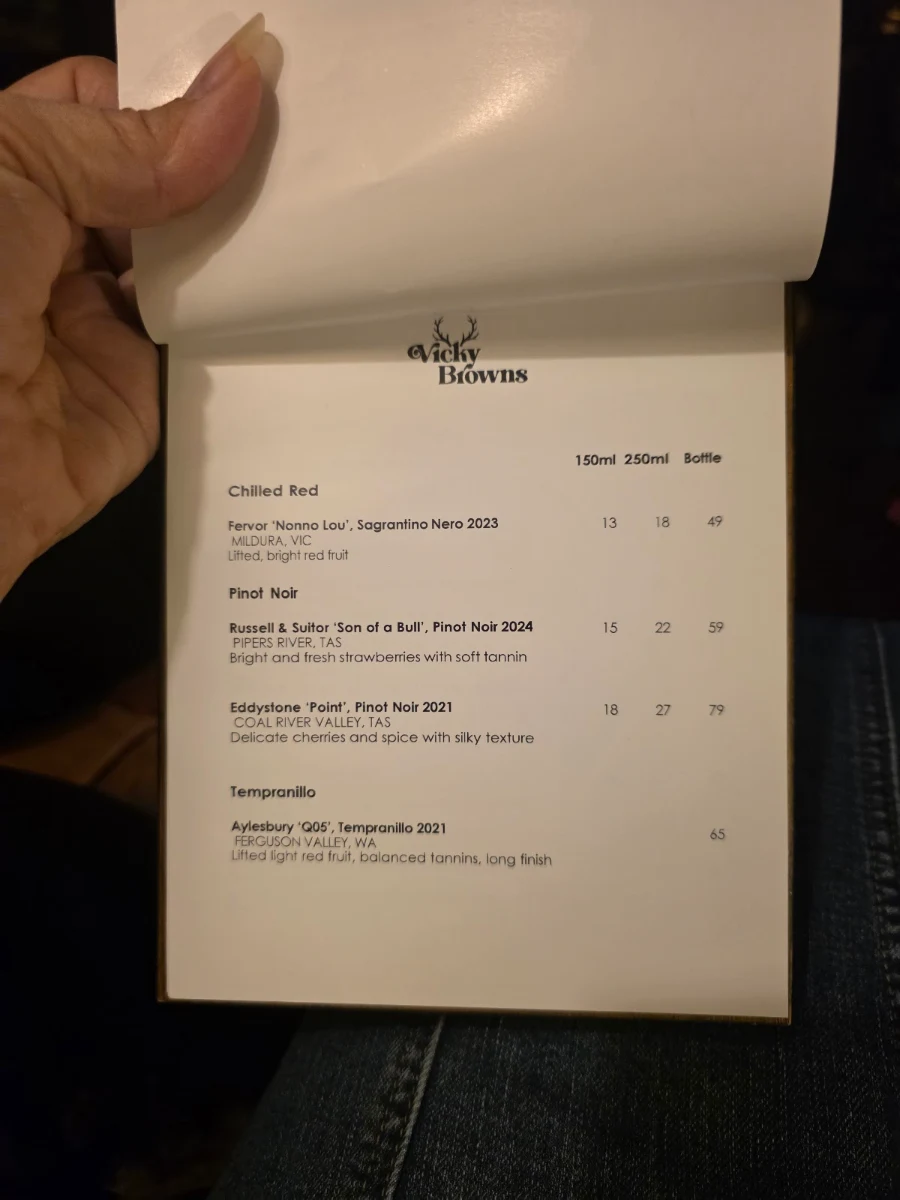 Menu, Vicky Browns Bar