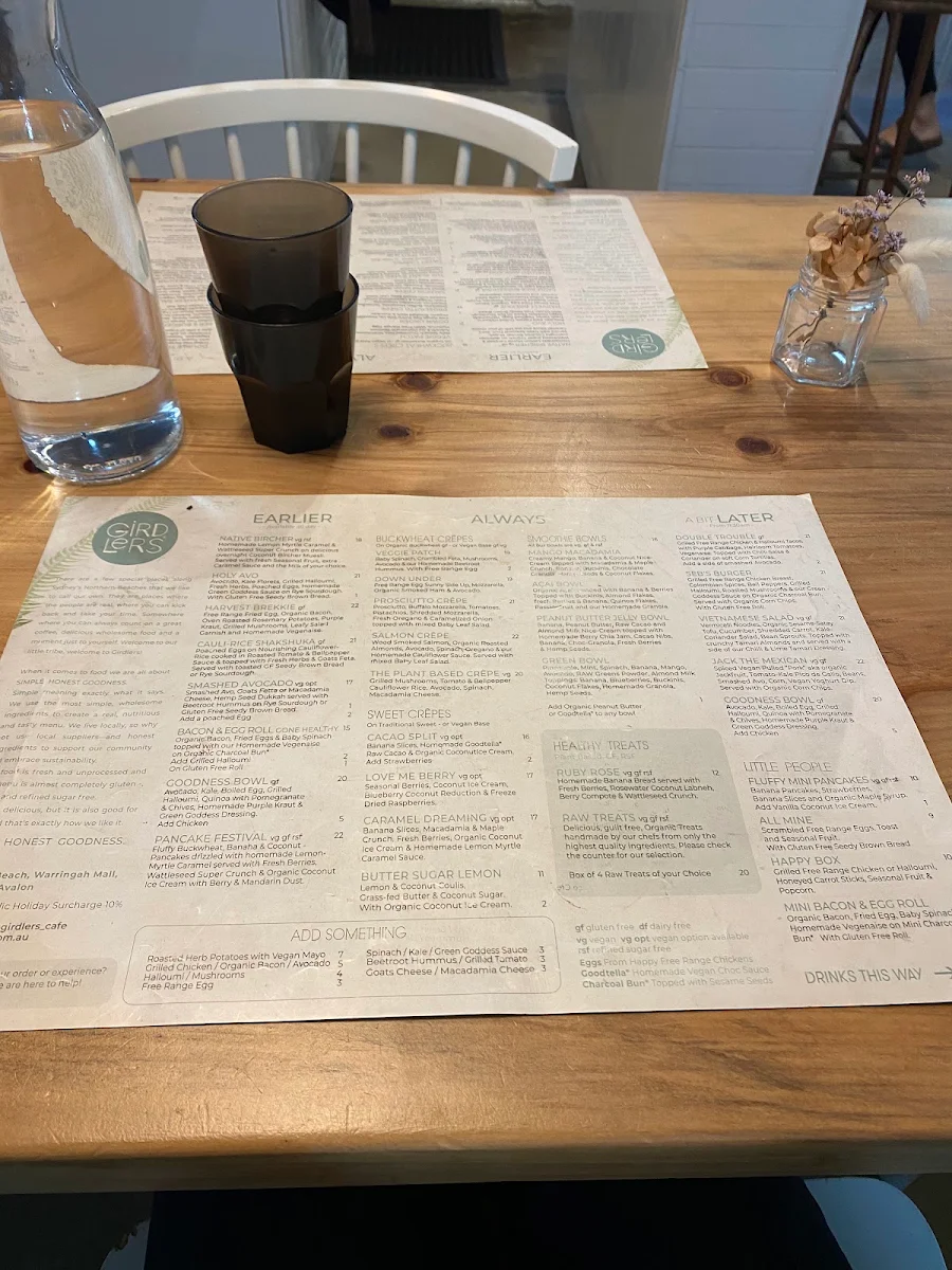 Menu, Girdlers Café - Manly