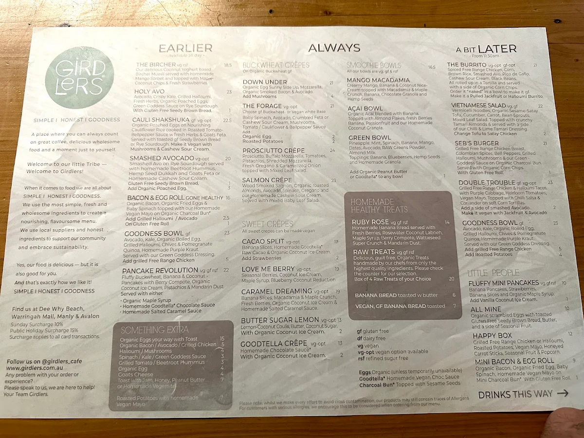 Menu, Girdlers Café - Manly