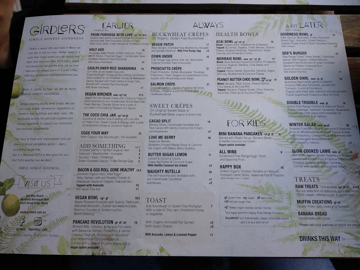 Menu, Girdlers Café - Manly