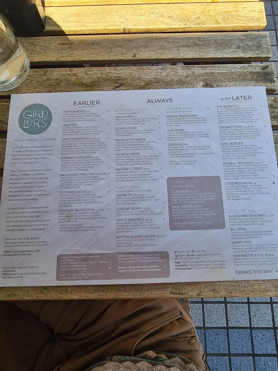 Menu, Girdlers Café - Manly