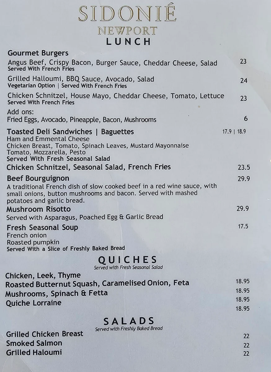 Menu, Sidoniè Newport
