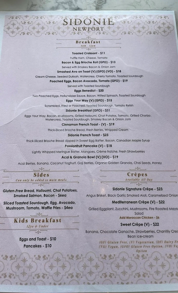 Menu, Sidoniè Newport
