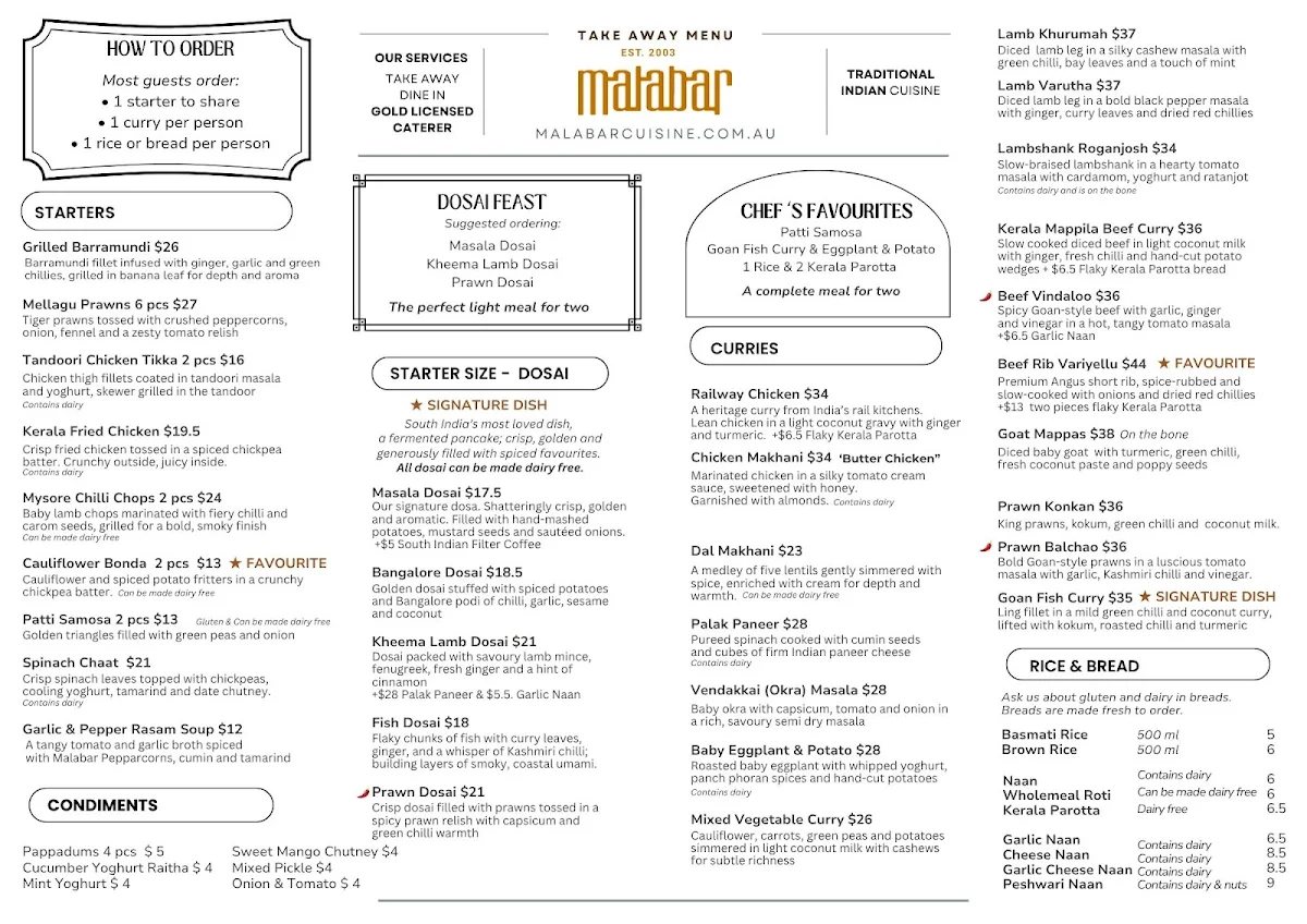 Menu, Malabar South Indian Restaurant
