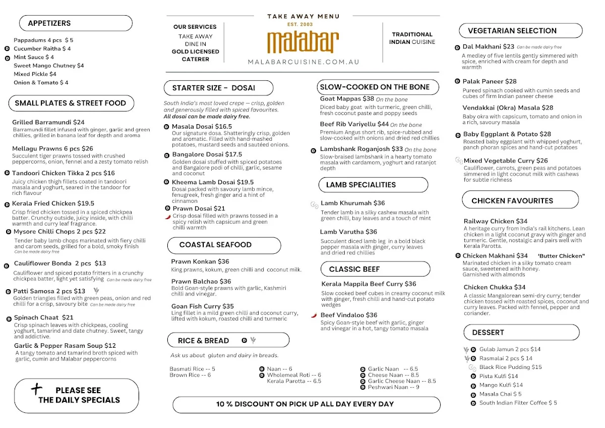 Menu, Malabar South Indian Restaurant