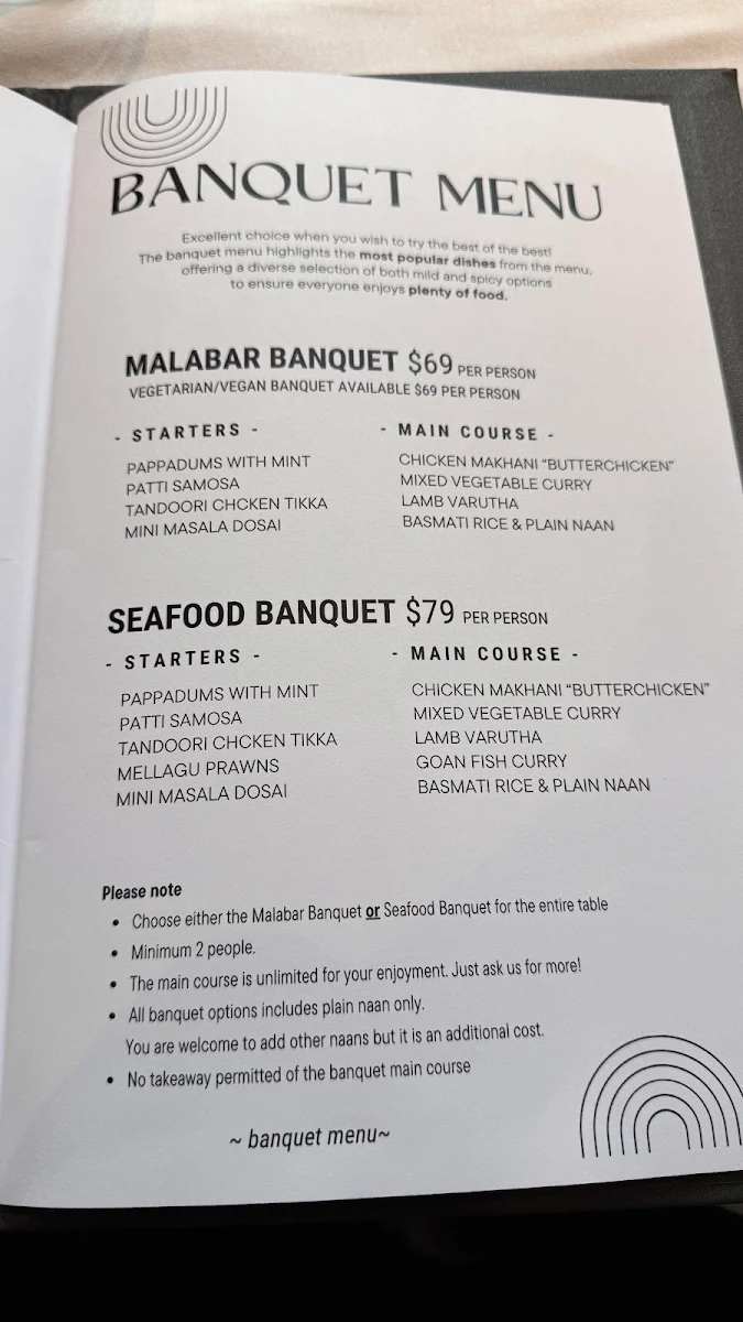 Menu, Malabar South Indian Restaurant